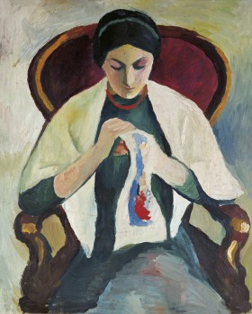 August Macke, Stickende Frau im Sessel, 1909 | Öl auf Holz, 57,8 x 47,2 cm | Stiftung Sammlung Ziegler im Kunstmuseum Mülheim an der Ruhr
