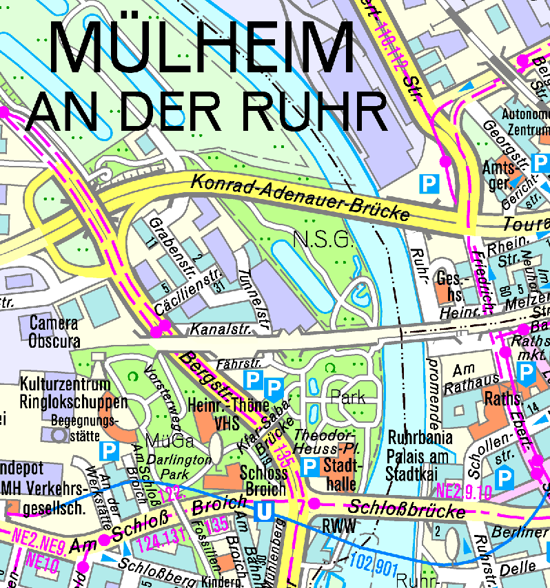 Ausschnitt aus der Stadtkarte f20 hergestellt vom RVR in Zusammenarbeit mit dem Amt für Geodaten, Kataster und Wohnbauförderung der Stadt Mülheim an der Ruhr