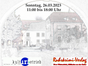 Das Bild zeigt skizziert das Kloster Saarn mit den Informationen zur 1. Mülheimer Buchmesse am 26.03.2023.

