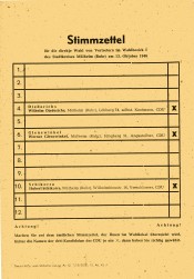 Hier rief die CDU dazu auf, für ihre drei Kandidat*innen die Kreuze zu setzen, 1946. (Rückseite) - Quelle/Autor: Stadtarchiv