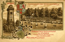 Postkartenansicht des Bismarckturms und der Gaststätte Flora