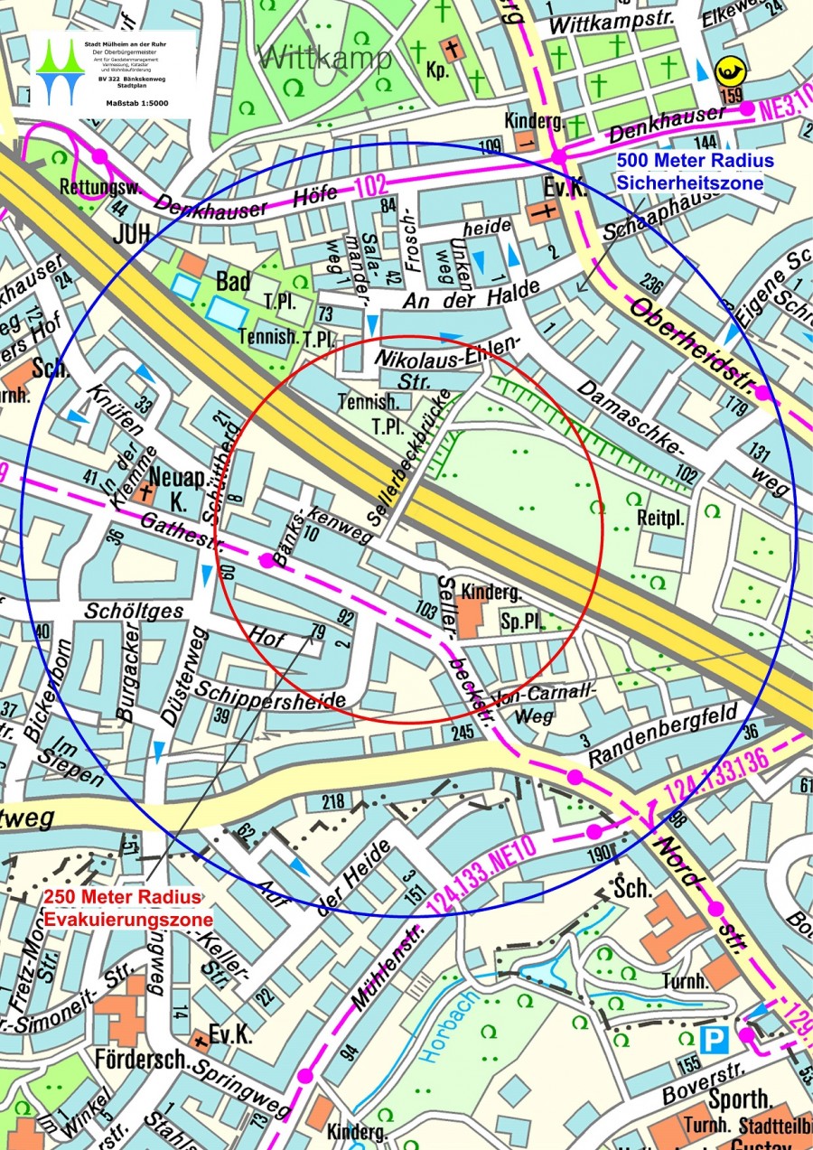 Stadtplan zum Bombenfund in Dümpten, Bereich Bänkskesweg - Evakuierungskreis (rot) und luftschutzmäßiges Verhalten (blau) - Amt für Geodatenmanagement, Vermessung, Kataster und Wohnbauförderung