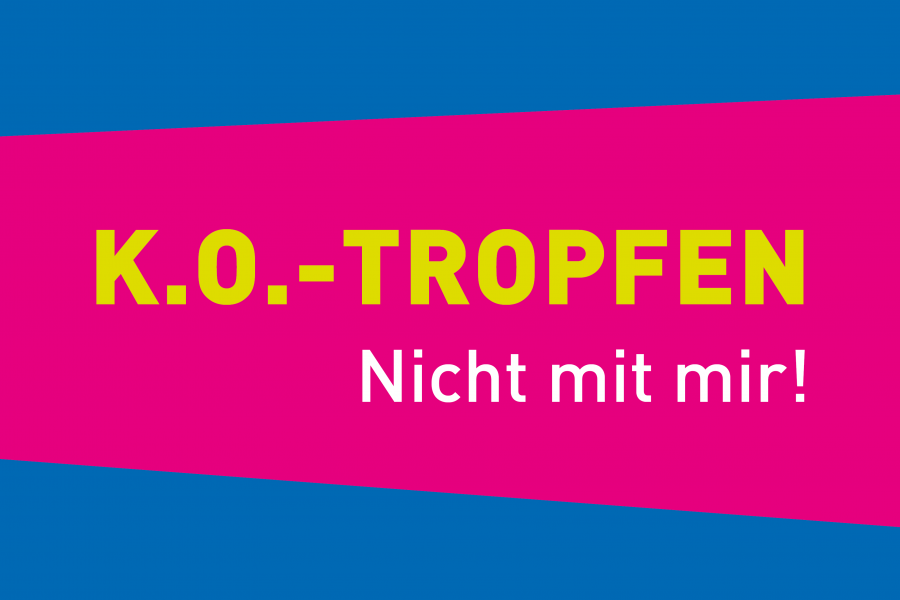 Das Bild zeigt den Schriftzug K.O.-Tropfen - Nicht mit mir. Das Logo gehört zu einer Sensibilisierungs- und Aufklärungskampagne der Gleichstellungsstelle der Stadt Mülheim an der Ruhr zum Thema K.O.-Tropfen. - MST GmbH / Gleichstellungsstelle