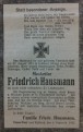 Sterbeanzeige für den Musketier Friedrich Hausmann, gefallen in August 1915 an der Ostfront in Rußland