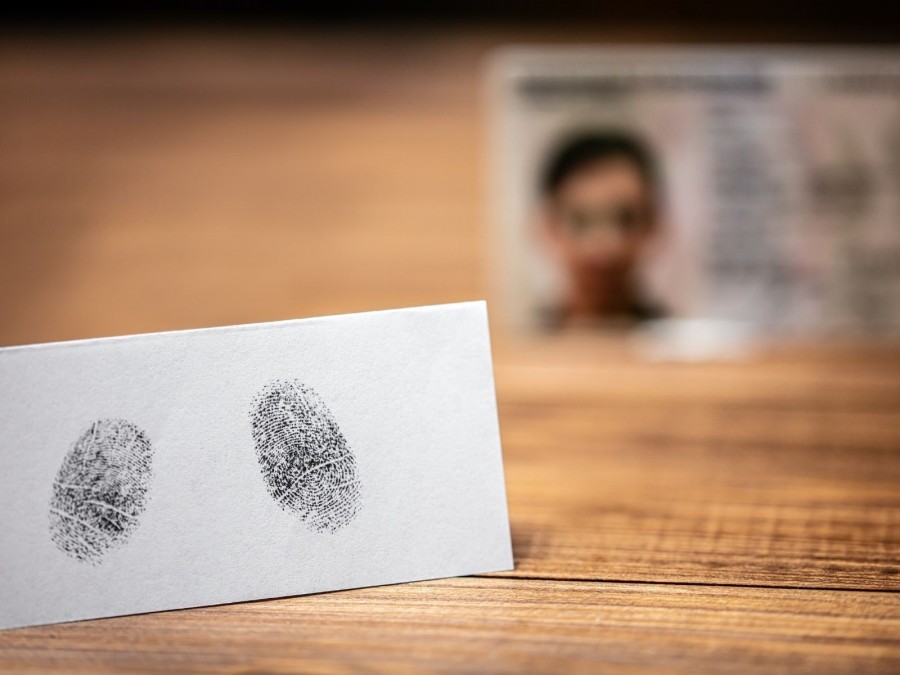 Zwei Fingerabdrücke im Vordergrund und verschwommen ein Personalausweis im Hintergrund. Personalausweise, Pass, Lichtbilsausweis, Kartenausweis - Canva