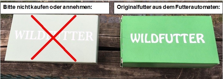 Warnung des Grünflächenamtes: Futterverkauf durch Fremde im Tiergehege. Bild der Schachteln. - Grünflächenamt