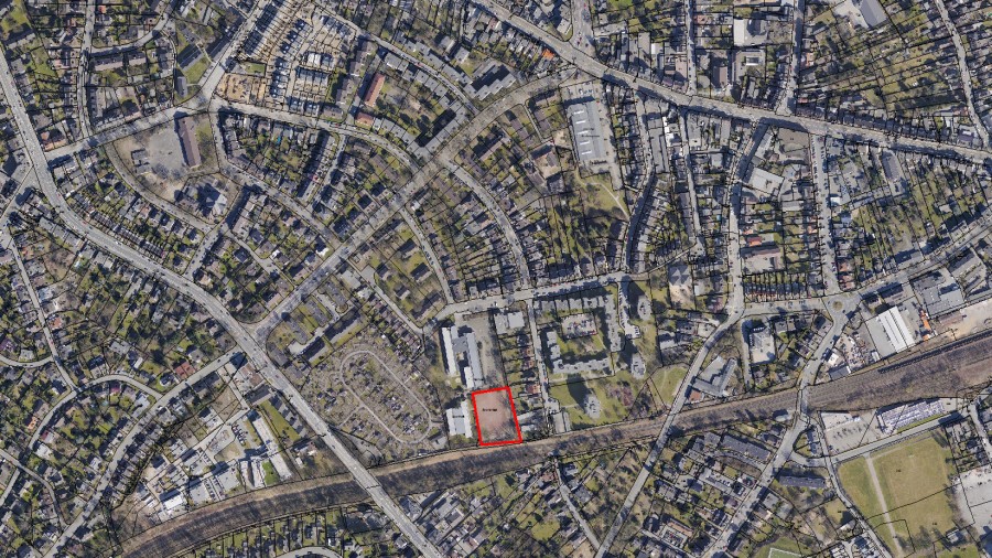Luftbild mit Darstellung der Kauffläche. Verkauf eines Grundstückes zur Errichtung und zum Betrieb einer Kindertagesstätte an der Frühlingstraße.