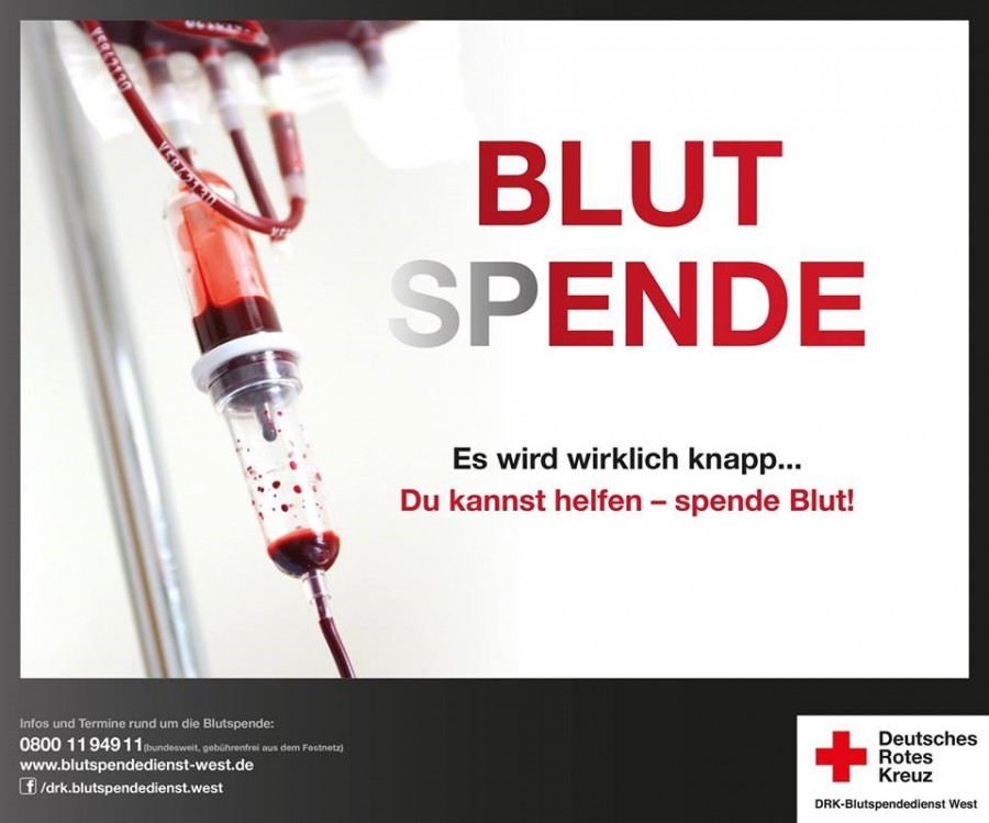 Das Deutsche Rotes Kreuz ruft erneut zu Blutspenden auf Auf dem Plakat mit Foto ist eine Tropfkanüle mit ein wenig Blut zu sehen Aufschrift: BLUT(SP)ENDE. Es wird wirklich knapp... Du kannst helfen - spende Blut Infos und Termine rund um die Blutspende: 0800 11 949 11 www.blutspendedienst-west.de Facebook/drk.blutspendedienst.west - DRK