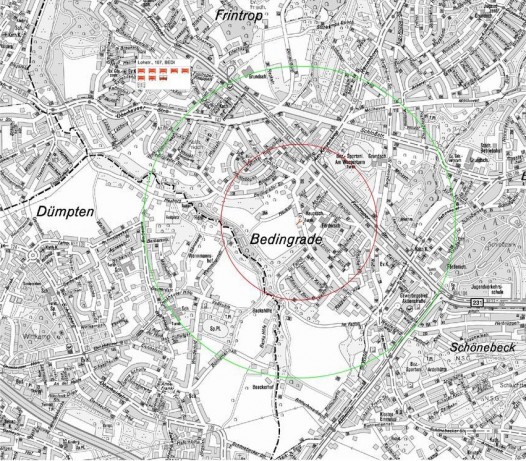 Karte vom Bombenfund Lohstraße in Essen-Bedingrade