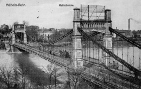 Postkartenansicht der 1844 eröffneten Kettenbrücke (erste Brücke über die Ruhr auf Mülheimer Stadtgebiet)