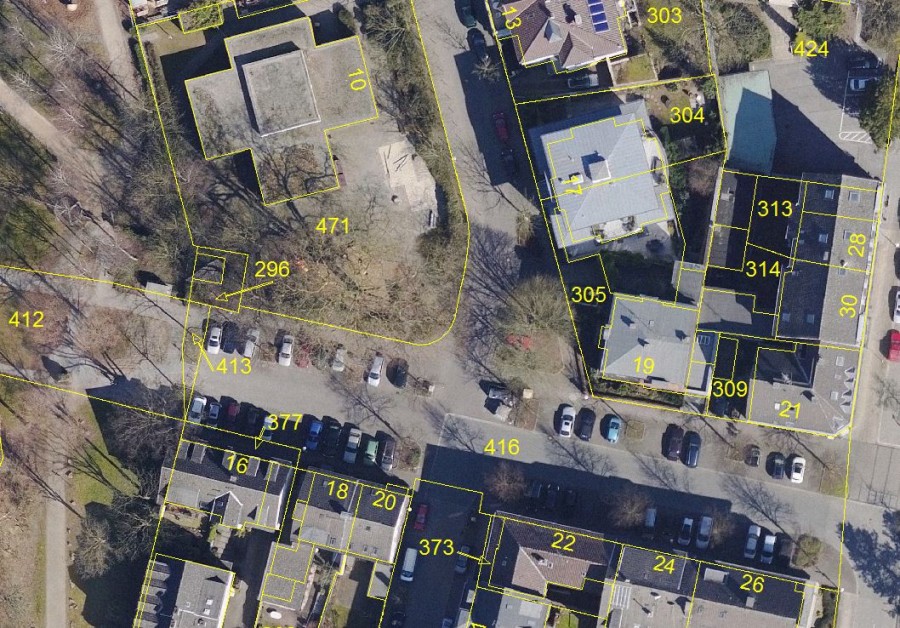 Luftbild mit Kataster Die Katasterkarte in gelber Ausführung vom 22.4.2015 mit dem Luftbild vom  April 2013