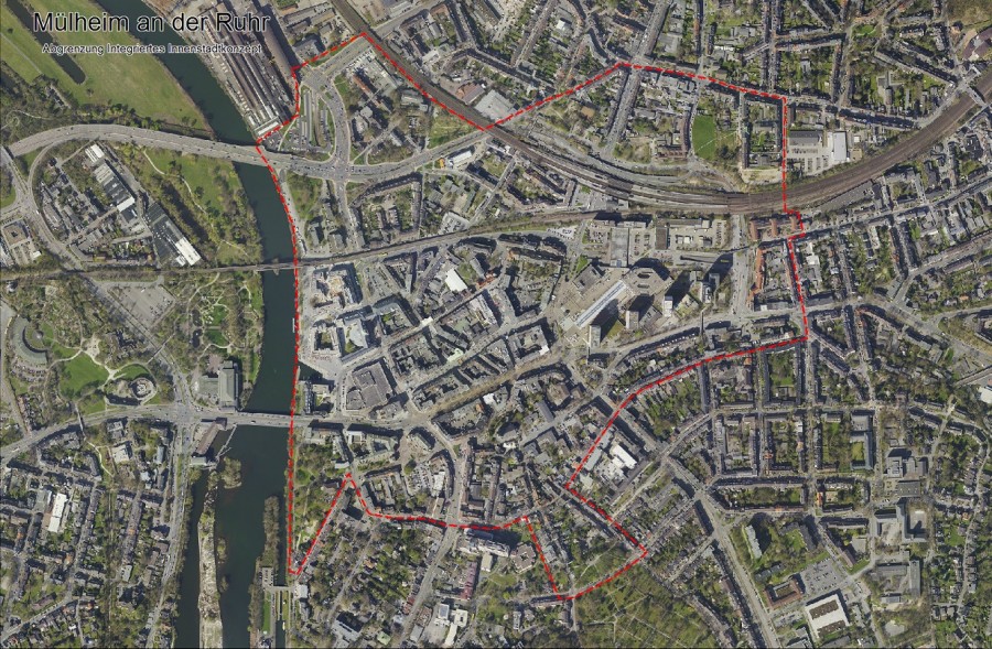 Plan zum integrierten Innenstadtkonzept, die Innenstadt von Mülheim soll insgesamt wieder zu einem attraktiven und lebendigen Ort werden.