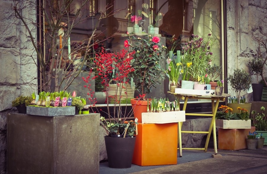 Blumengeschäft mit dekorierter Warenauslage. Infos zur Aufstellung von Werbereitern, Werbeständern, Warenauslagen und Informationsständen - Pixabay