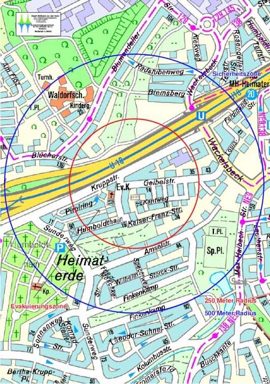 Bombenfund: Sicherheitszonen - blauer und roter Kreis - Heimaterde, Geibelstraße