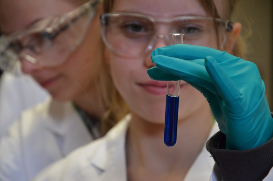 Wissenschaftlerin mit Sicherheitsbrille hält in einer Hand mit blauem Gummihandschuh ein Reagenzglas mit dunkelblauer Flüssigkeit hoch. Weitere Wissenschaftler*innen im Hintergrund. Forschung an den beiden Mülheimer Max-Planck-Instituten Quelle/Autor: Sarah-Lena Gombert Forschung an den beiden Mülheimer Max-Planck-Instituten