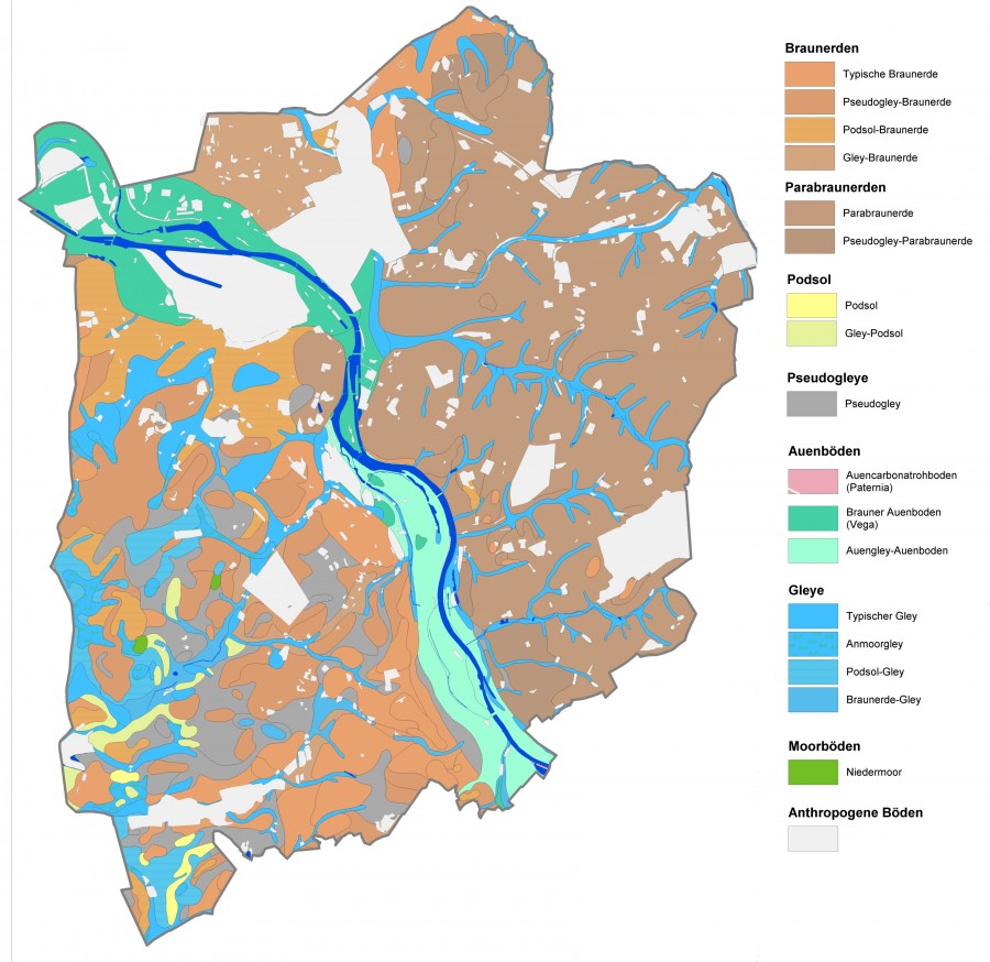 Bodenkarte In der Abbildung ist die vereinfachte Darstellung der verschiedenen im Stadtgebiet vorkommenden Böden zu sehen.