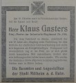 Sterbeanzeige für den Kriegsfreiwilligen Klaus Gasters, gefallen im Oktober 1914 an der Westfront