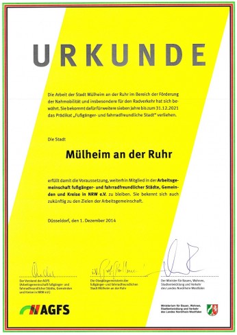 Urkunde: Auszeichnung fußgänger- und fahrradfreundliche Stadt Mülheim an der Ruhr 2014