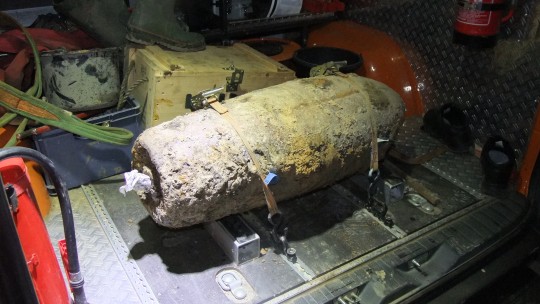 Entschärfte 5-Zentner-Bombe aus dem zweiten Weltkrieg, gefunden auf der Geibelstraße in Mülheim-Heimaterde.